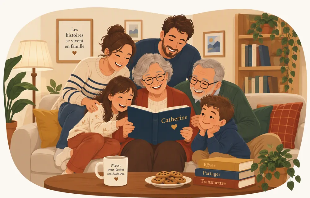 Une grand-mère, grande lectrice, rit en lisant le livre dont elle est l'héroïne, son prénom Catherine sur la couverture, entourée de sa famille