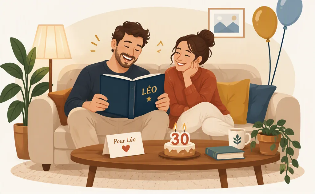 Un couple sur un canapé rit en lisant le livre offert pour les 30 ans de Léo, son prénom sur la couverture