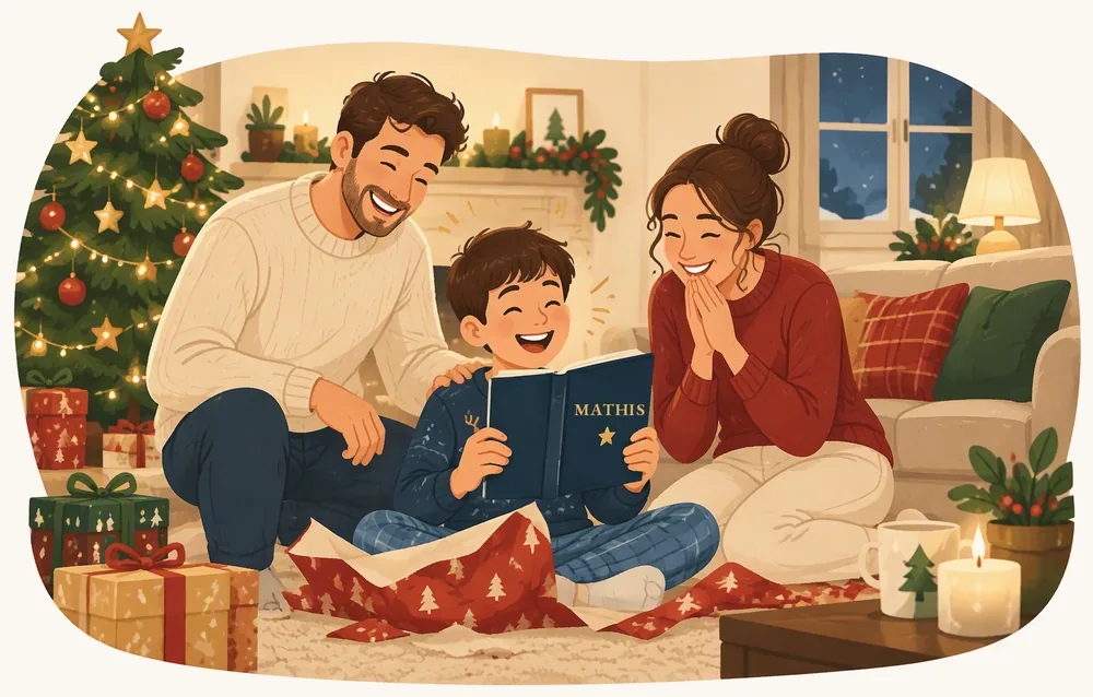Le matin de Noël, au pied du sapin, un enfant rit en découvrant le livre dont il est le héros, son prénom Mathis sur la couverture, entre ses parents émus
